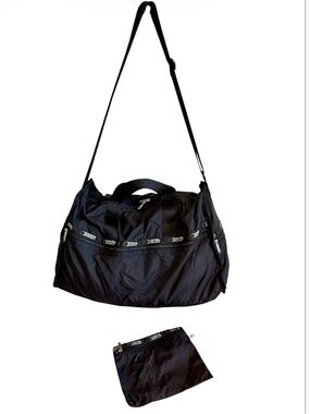 LeSportSac Black Nylon Weekender Duffle Bag + Matching Pouch Set